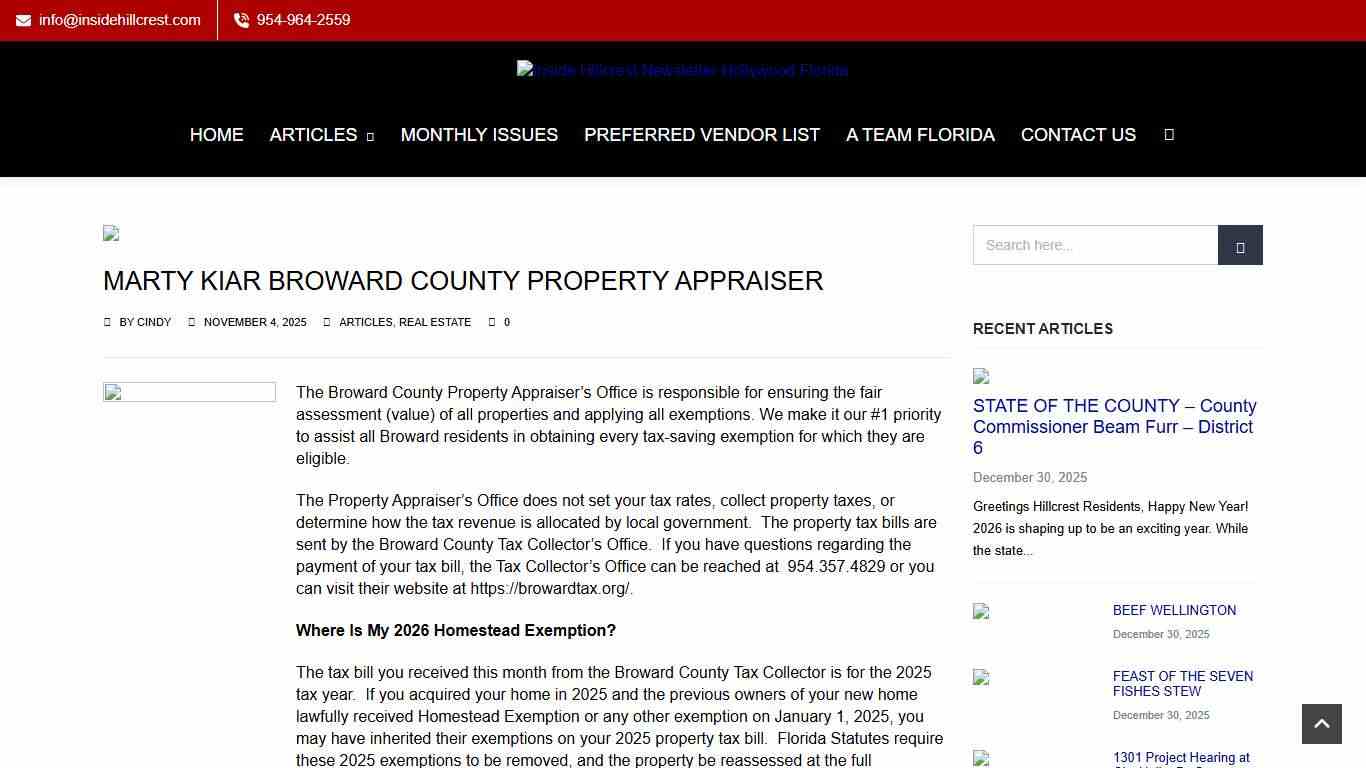 MARTY KIAR BROWARD COUNTY PROPERTY APPRAISER - Inside Hillcrest Newsletter Hollywood Florida